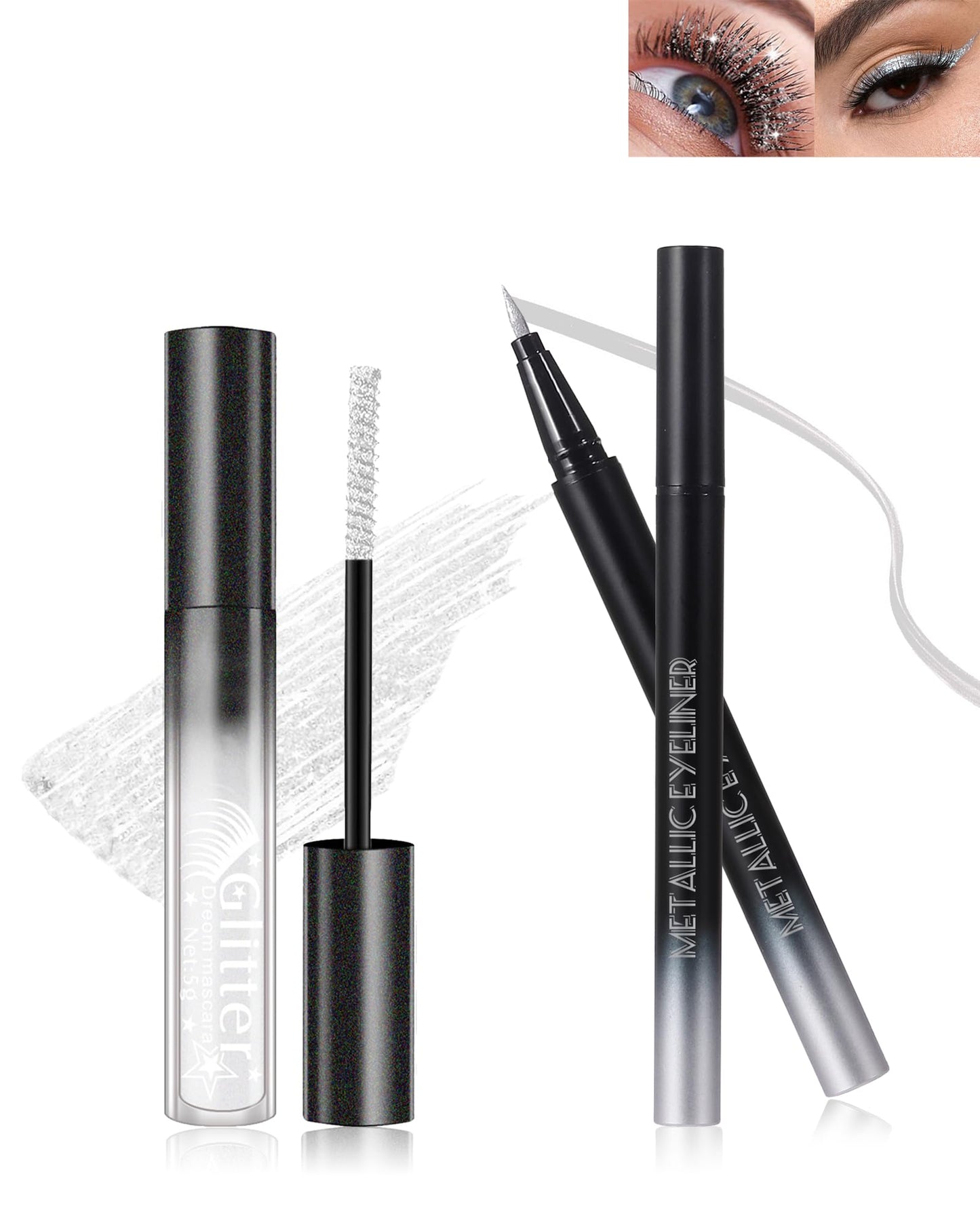 Glitter Mascara and Eyeliner Set, Diamond Sparkle Effect, Lengthening Volumizing Shimmer Colored Mascara for Eyelash, Waterproof Metallic Glitter Eyeliner Liquid, Women Party Eye Makeup-White Silver