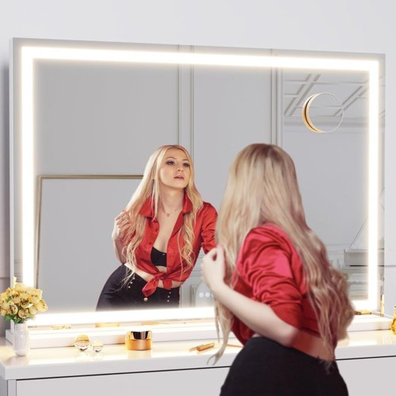 Gvnkvn Makeup Vanity Mirror with Lights 32" x 24" Large LED Makeup Mirror, Light up Mirror with 10X Magnification and USB Charging Port, Dimmable 3 Modes, Touch Screen Control Square Corner