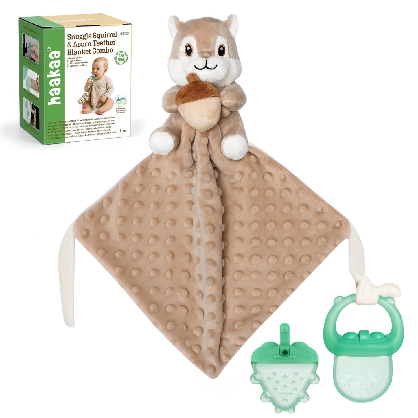 Haakaa Baby Lovey with Freezer Teether, Security Blanket with Baby Teething Toys, Water-Fillable Silicone Teether for Teething Relief, Soft Baby Lovey Gift for Newborns