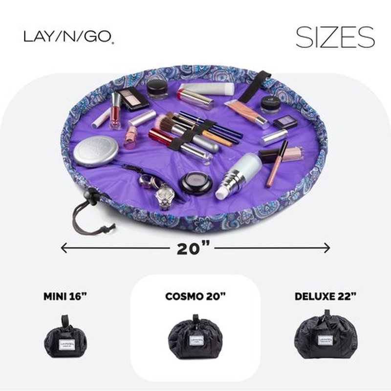 Lay-n-Go Cosmo Drawstring Cosmetic & Makeup Bag Organizer - Portable Drawstring Makeup Bag w/Zipper Pocket, Makeup Loops & More - Durable, Machine Washable Makeup Bag for Travel (20”, Purple Paisley)