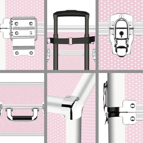 OUDMAY Makeup Case - 4 in 1 Professional Cosmetics Rolling Train Organizer with Aluminum Frame and Folding Trays Pink Diamonds