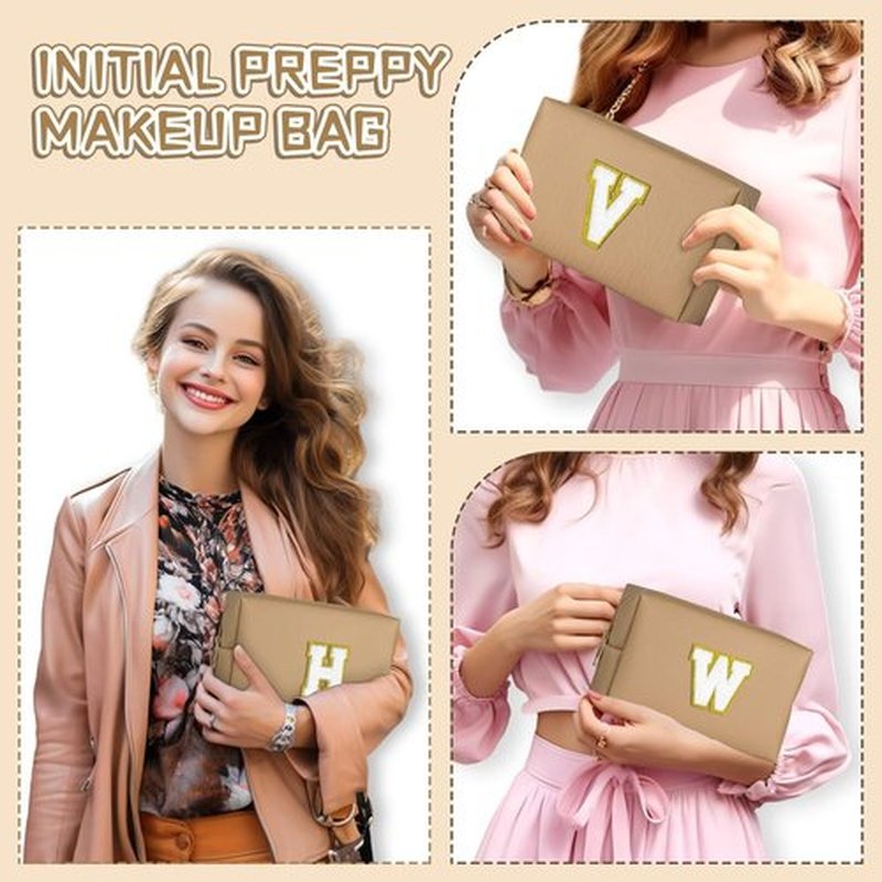 TOPEAST Initial Cosmetic Bag for women, Preppy Small Makeup Bag, PU Leather Waterproof Toiletry Bag, Monogrammed Birthday Gifts For Women, Stuff for girls (Khaki S)