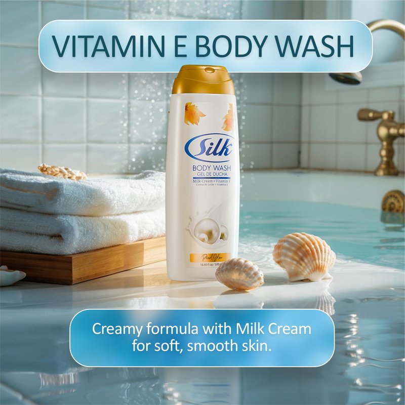 SILK Moisturizing Body Wash for Woman & Man - Daily Hydrating Shower Gel and Foaming Cleanser with Vitamin E and Glycerin, Rich Lather for Dry Skin Care, Pearl Glow Scent, 16.9 Fl Oz
