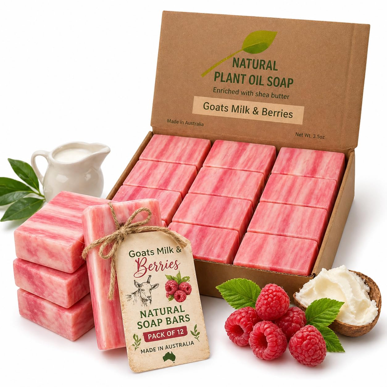 Goats Milk & Berries Natural Soap Bars (12 Pack), 3.5oz Body & Bath Soap Bars Enriched with Organic Shea Butter & Plant Oils, Moisturizing, Long Lasting, Made in Australia, Gentle for All Skin Types