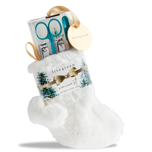 Live Green Holiday Manicure Set for Women- 4 Piece Fingernail Grooming Set with Fingernail and Toenail Clippers, Scissors, and File, Nail Care Tools in a Stocking (White Faux Fur)