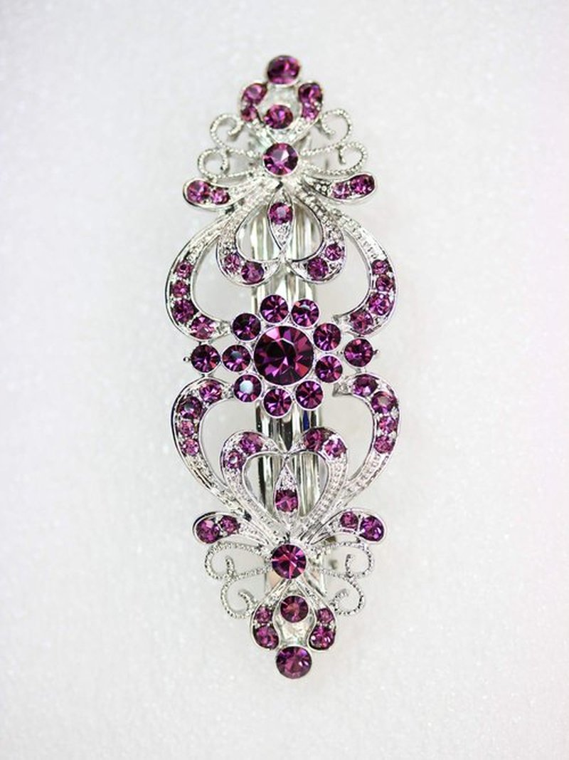 Faship Gorgeous Purple Crystal Hearts And Floral Hair Barrette