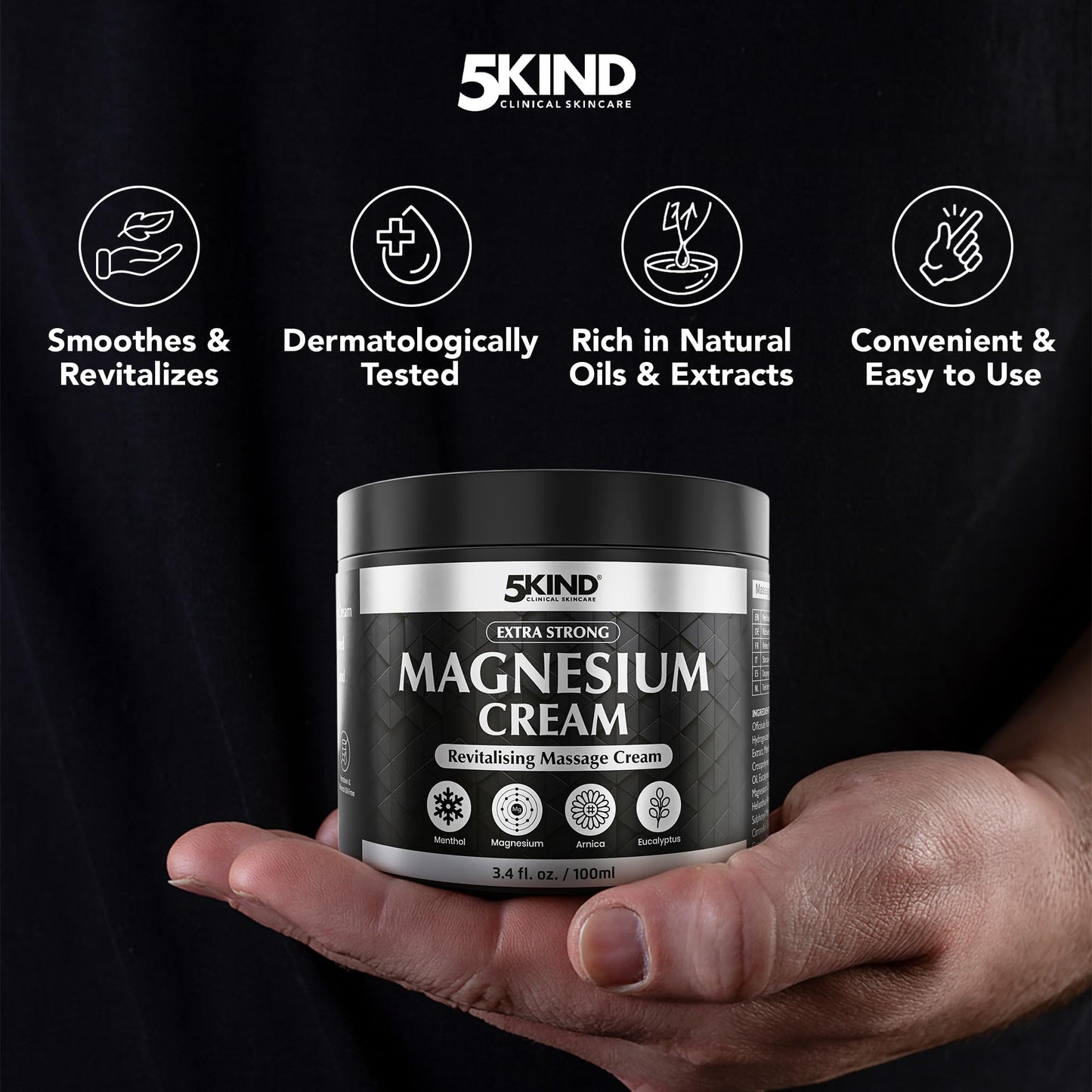 5Kind Extra Strong Magnesium Cream 3.4 fl oz - Magnesium Rub for Muscles, Joints, Lower Back, Knee, Neck, Shoulder, Hip & Feet - Infused with Arnica, Eucalyptus, Comfrey, Menthol & Hemp Oil