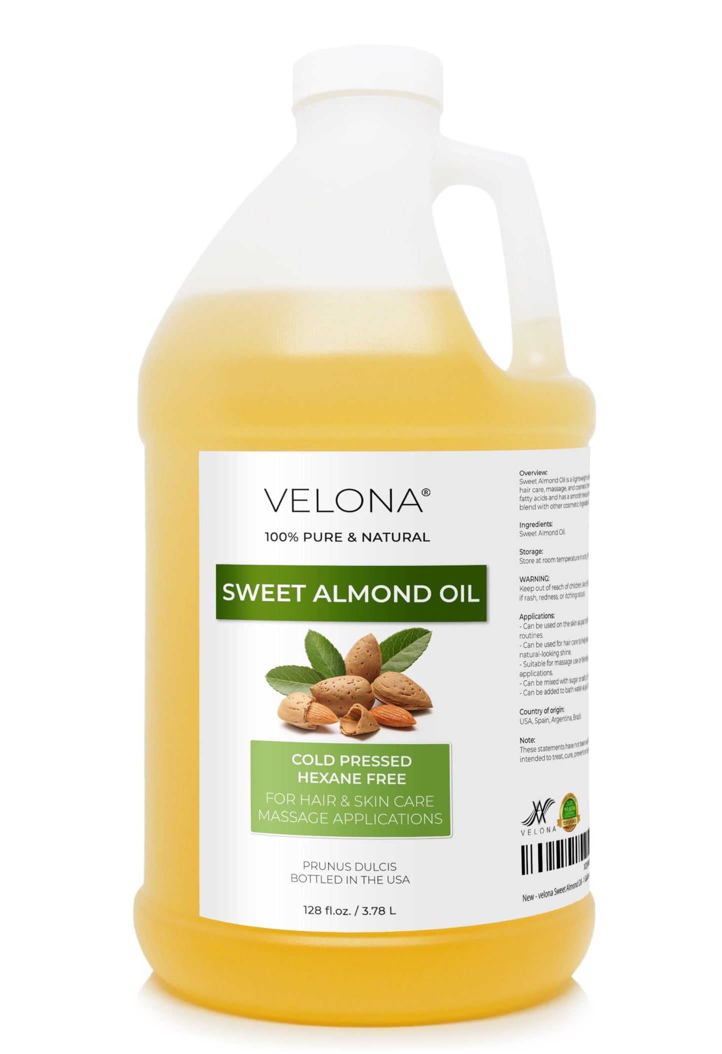 velona Sweet Almond Oil - 1 Gallon / 128 Fl Oz | 100% Pure and Natural Carrier Oil |Cold Pressed | Skin, Hair, Body & Face Moisturizing | Use Today - Enjoy Results…