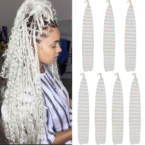 ZRQ 30 Inch Ocean Wave Crochet Hair White 7 Packs Deep Twist Wave Wavy Braiding Hair Synthetic Curly Deep Wave Crochet Hair Extension For Women #White