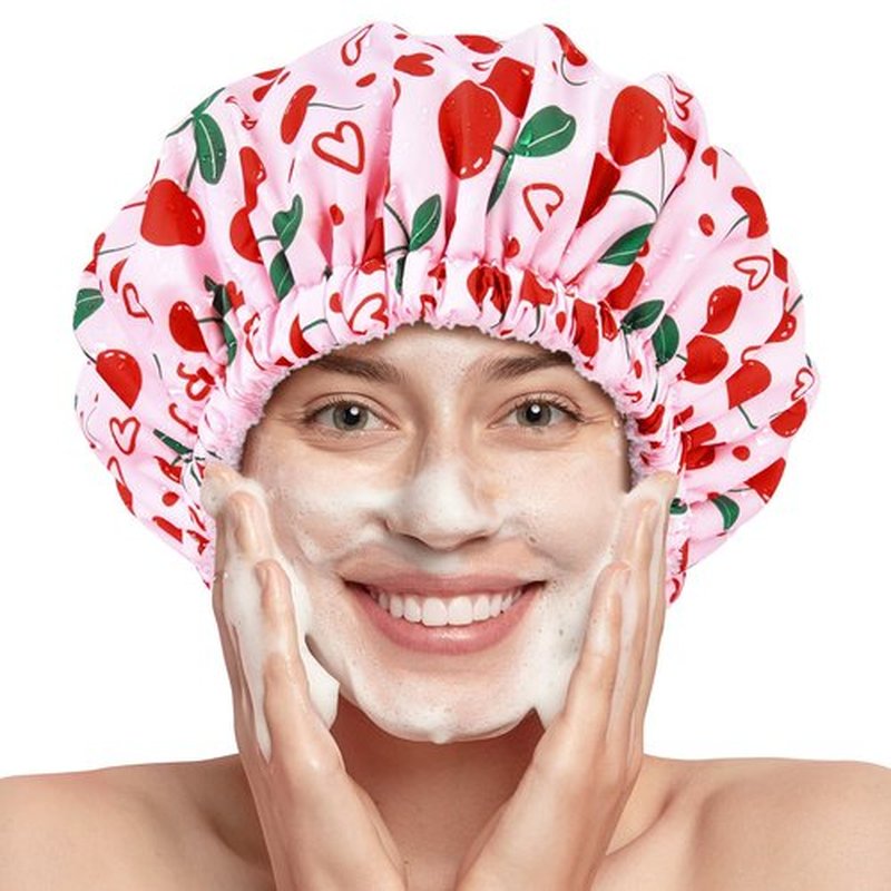 Shower Cap for Women Terry Lined Bath Cap Large Reusable Waterproof Elastic Band Pink Cherry Shower Caps for Long Thick Hair Soft Bath Shower Hair Caps