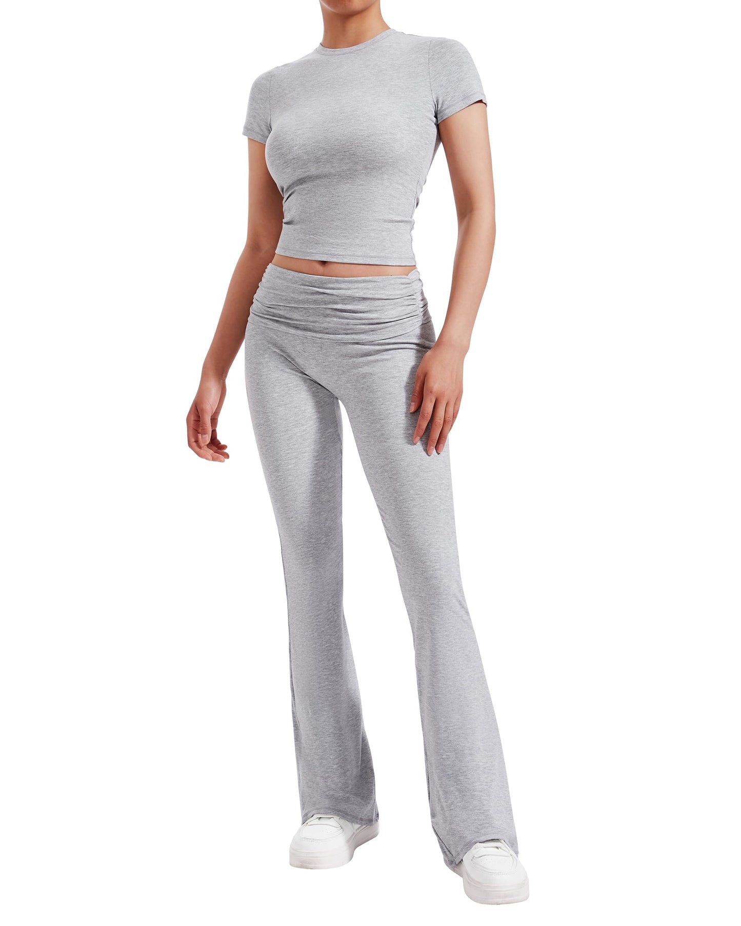RXRXCOCO Women's 2 Piece Lounge Sets Y2K Crop Tops Fold Over Flare Pants Casual Outfits Matching Sets Grey Small