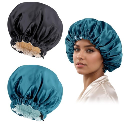 Satin Bonnet Silk Bonnet for Curly Hair Bonnet Braid Bonnet for Sleeping Bonnets for Women Large Double-Layer Adjustable(Black&Blue Zircon)