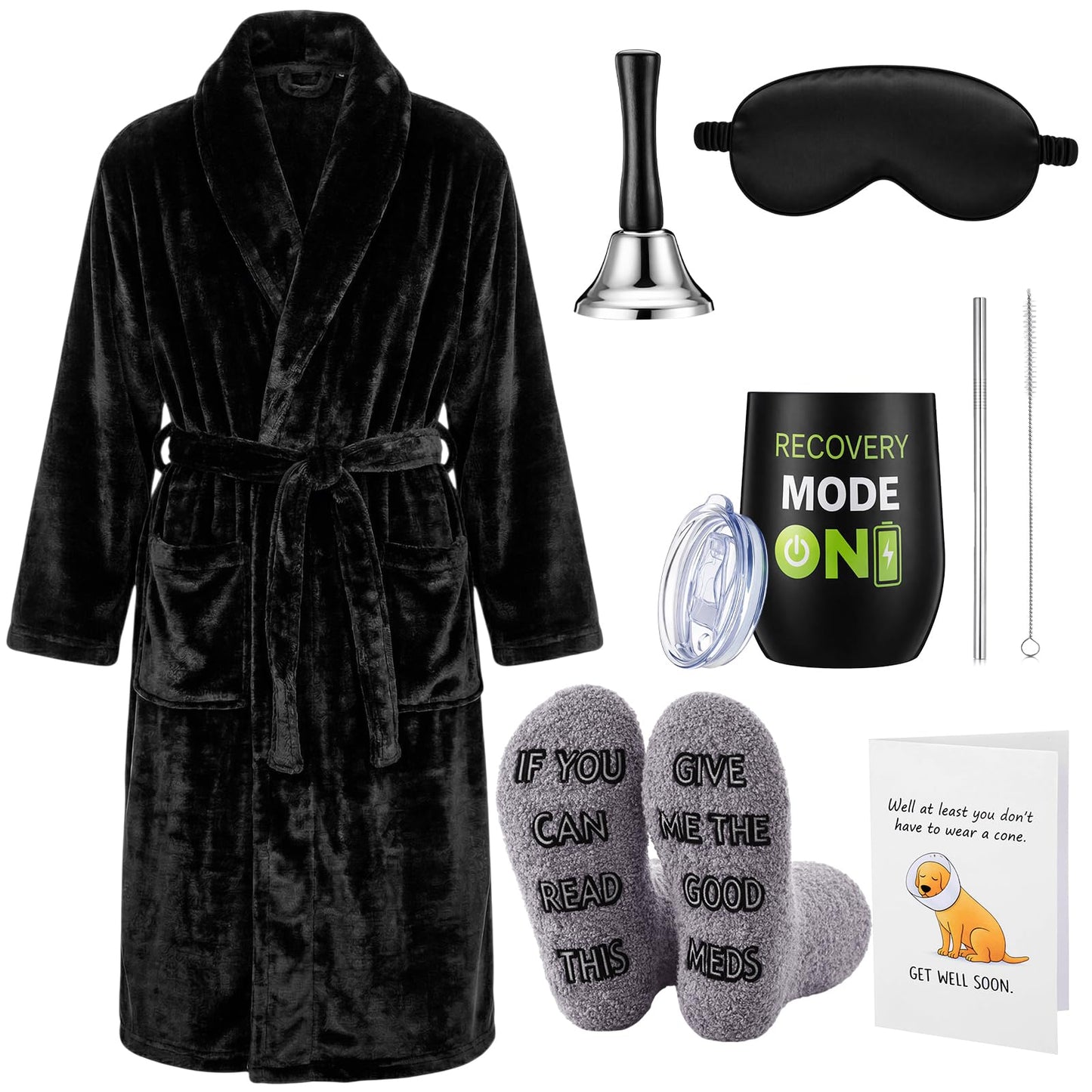 Patelai 6 Pack Get Well Soon Gifts Care Package for Men After Surgery, Unhooded Robe 12oz Tumbler Fuzzy Socks Funny Card Bell Get Well Soon Gift Basket for Dad Husband Recovery Chemo Care(Black)