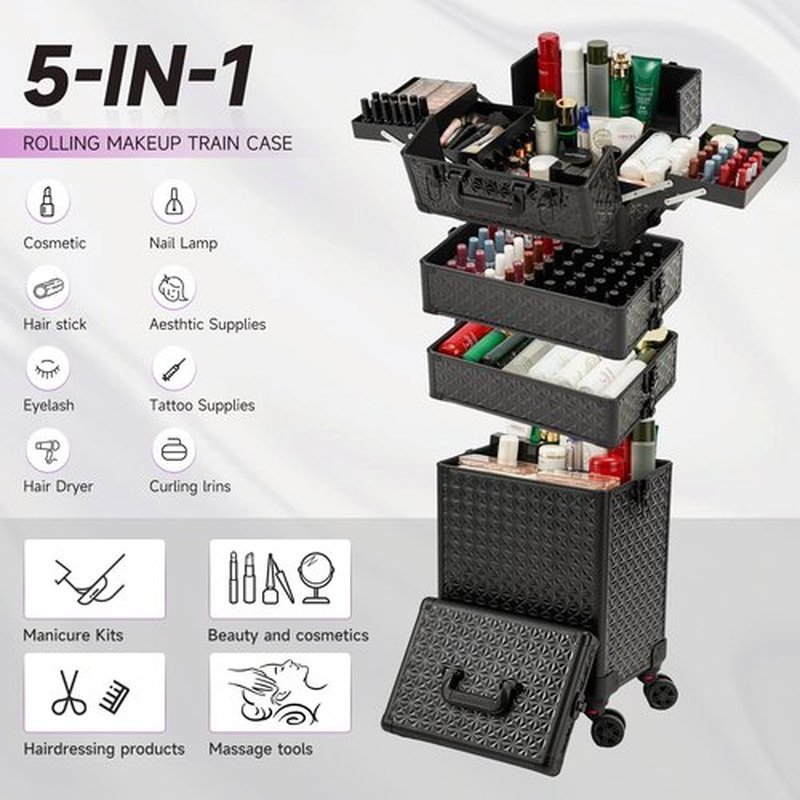 Leeora&Leekoo Portable Multi-Storey Nail Case for Nail Tech Organizer - Wheels Makeup Case Organizer, Cosmetic Case, Makeup Train Case, Make Up Case (Watercube Pattern)