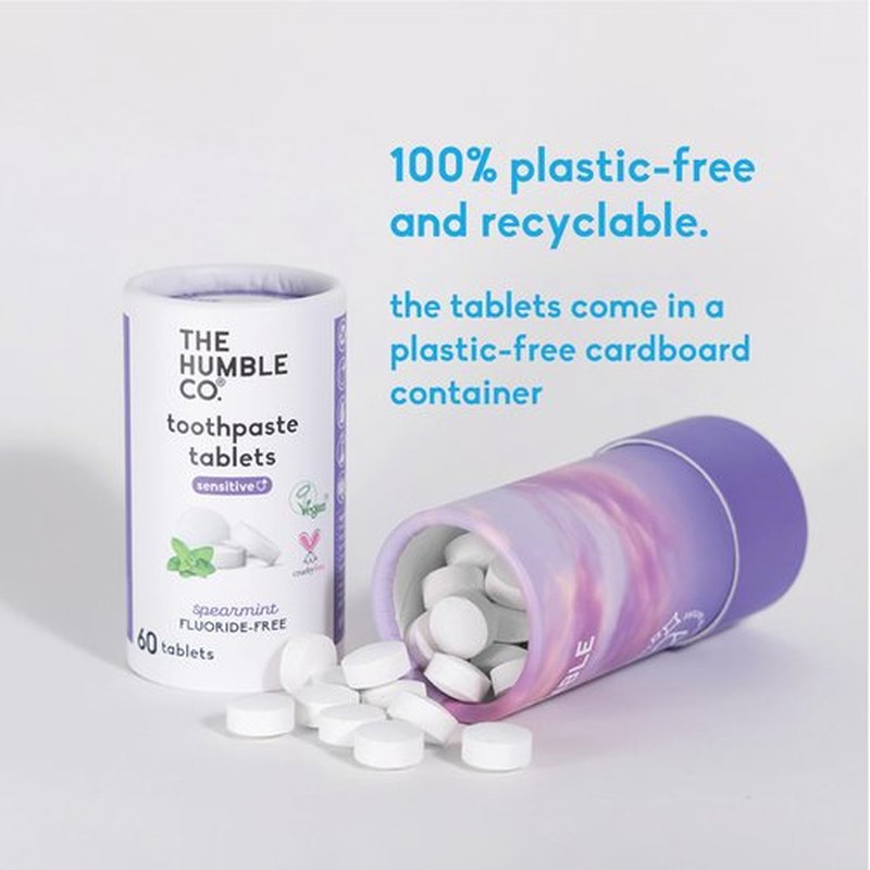 The Humble Co. Sensitive Toothpaste Tablets – Fluoride Free Toothpaste Tablets for Sensitive Teeth and Gums, Dentist Developed Formula, Vegan, SLS Free, Plastic Free (Spearmint, 2 PK, 60 Tablets Each)