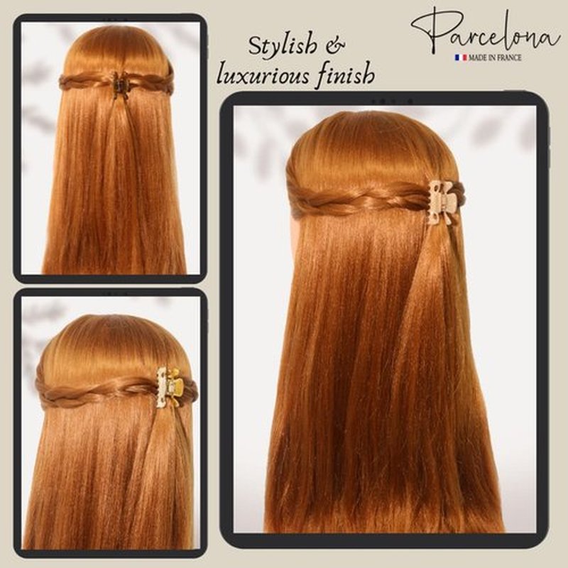Parcelona French Classic Very Small 1 1/2" Claw Clips with Tight Spring Set of 3 Girls Hair Jaw Claw Clips Women Hair Accessories, Made in France (Dusty Beige Brown- Light Beige Brown-Savana)