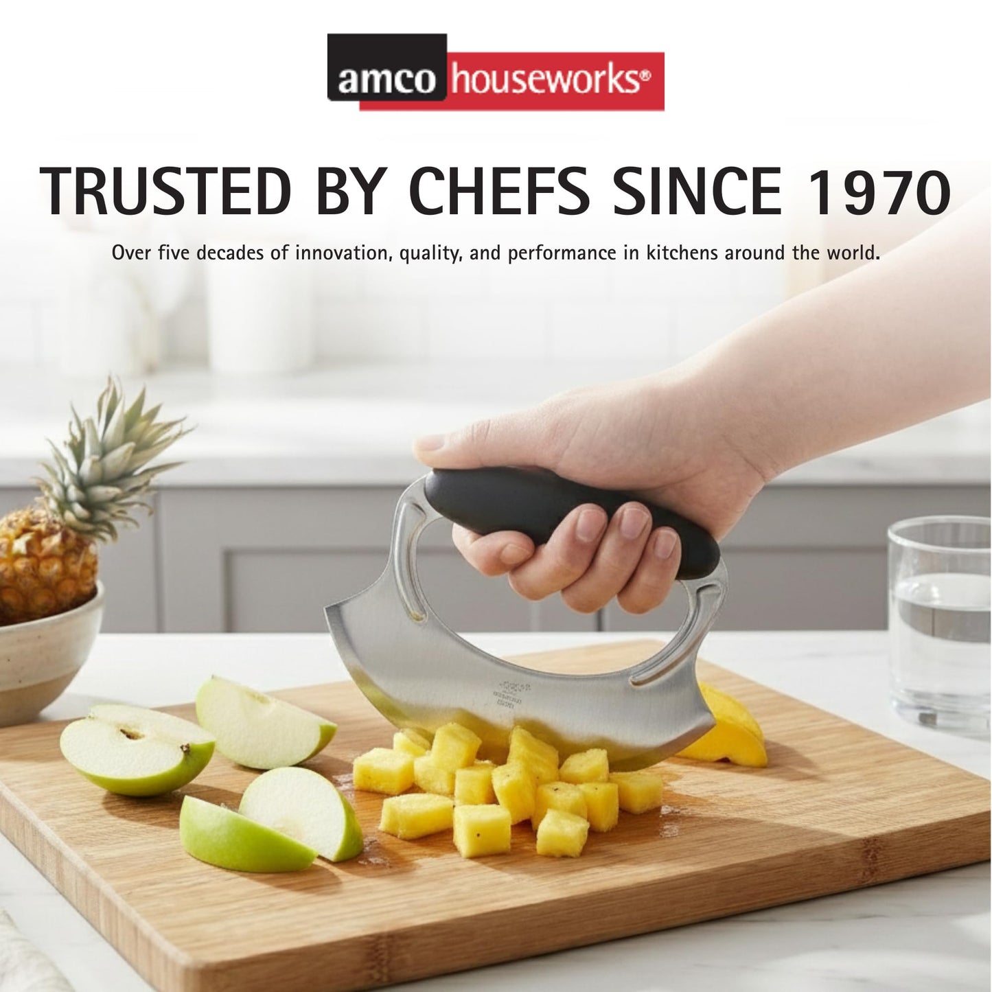 Amco Mezzaluna Herb Chopper with Silicone Handle & Stainless Steel Blade - 4.9" Dishwasher Safe Chopping Tool for Herbs, Vegetables & Garlic - Non-Slip Grip, Easy to Use & Comfortable to Hold