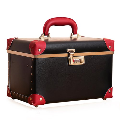 urecity Portable Retro Leather Makeup Train Case Cosmetic Organizer Case Leather Storage Box with Combination Lock (12.5", Black)