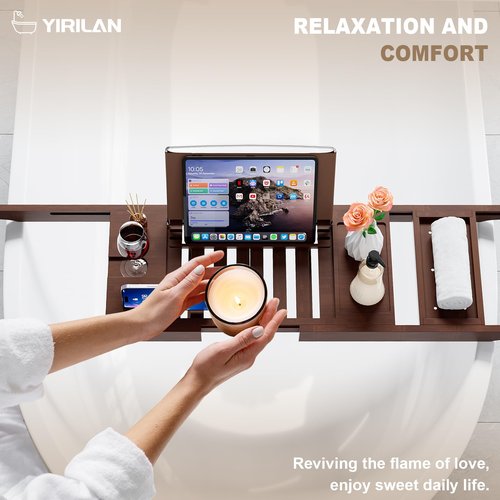 Yirilan Bamboo Bathtub Tray Caddy, 1 or 2 Person Expandable Wooden Bathroom Tray, Luxury Bamboo Bathtub Tray Expandable, Bath Tub Table Caddy with Extending, Brown