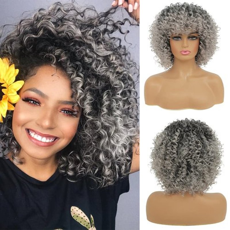 Kaneles Short Grey Kinky Afro Wig for Black Women Synthetic Mixed Gray Wigs with Bangs Hair Shoulder Length Kinky Afro Curly Wig for Daily