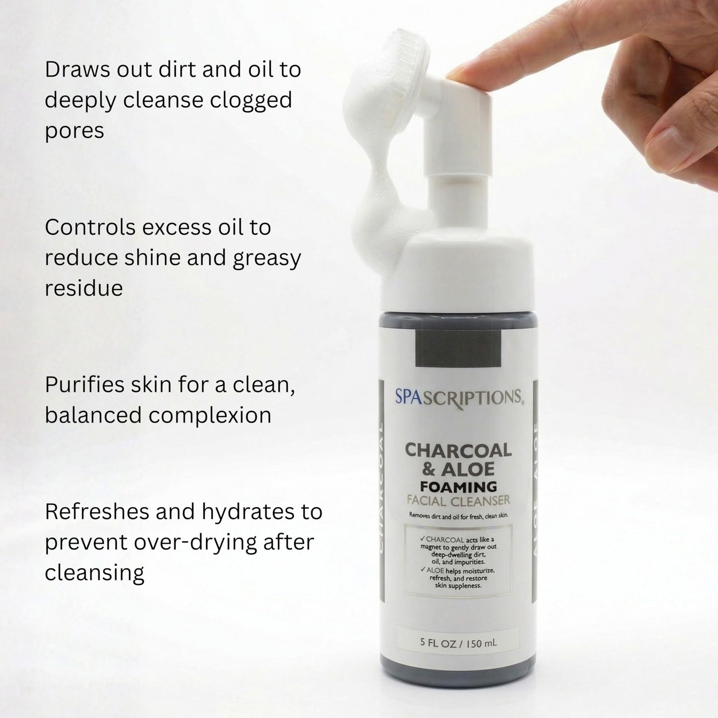 SpaScriptions 2 in 1 Cleanse & Exfoliate Foaming Facial Cleanser - Charcoal & Aloe Face Wash with Silicone Brush for Deep Cleansing & Oil Control with Hydration Support for Daily Cleansing, 5 oz