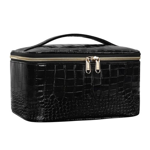 OCHEAL Makeup Bag, Portable Cosmetic Bag, Large Capacity Travel Makeup Case Organizer, Black Makeup Bags for Women Toiletry Bag for Girls Traveling With Handle and Divider-Leather