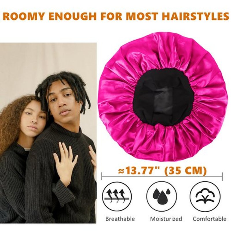 Bonnet for Men,Hair Bonnet for Sleeping,Double Layer Satin Bonnets for Black Women Curly Hair Braids,Reversible Sleep Cap (Large,Black/Hot Pink)