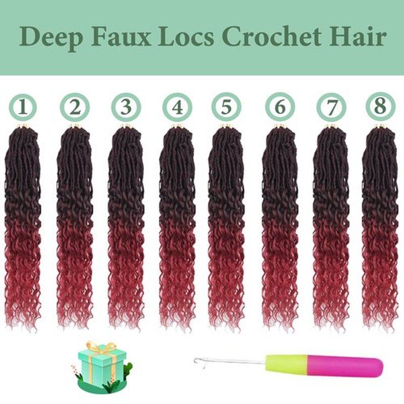 Deep Faux Locs Crochet Hair 14 Inch 8 Packs Pre Looped Deep Wave Crochet Braids Soft Locs Crochet Hair with Curly Ends Goddess Locs Crochet Hair Extensions(Black mixed Burgundy)