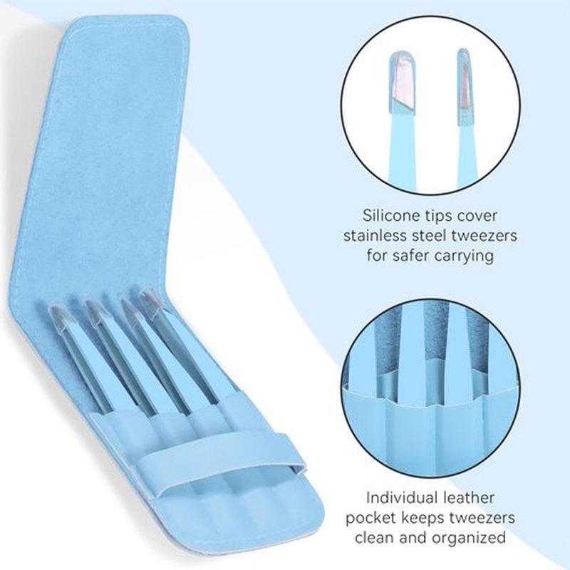 FACEMADE 4 Pack Tweezers Set - Professional Stainless Steel Tweezers for Men and Women, Precision Eyebrow Tweezers for Facial Hair, Chin, and Ingrown Hair Removal (Blue)