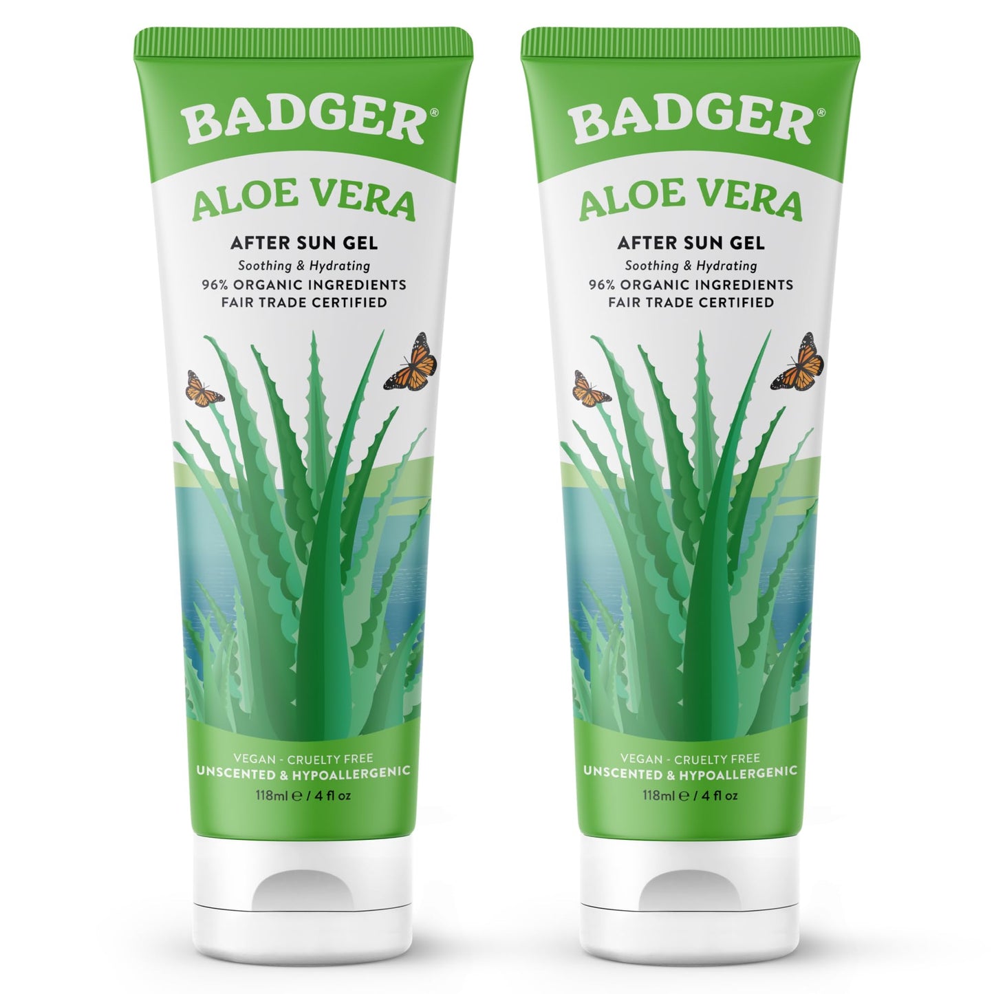 Badger Organic Aloe Vera Gel for Face & Body, 96% Pure Unscented Organic Aloe Gel for Cooling, Soothing, Non-Sticky Sunburn Relief, Vegan, Fair Trade & Hypoallergenic, 4 fl oz, 2-Pack
