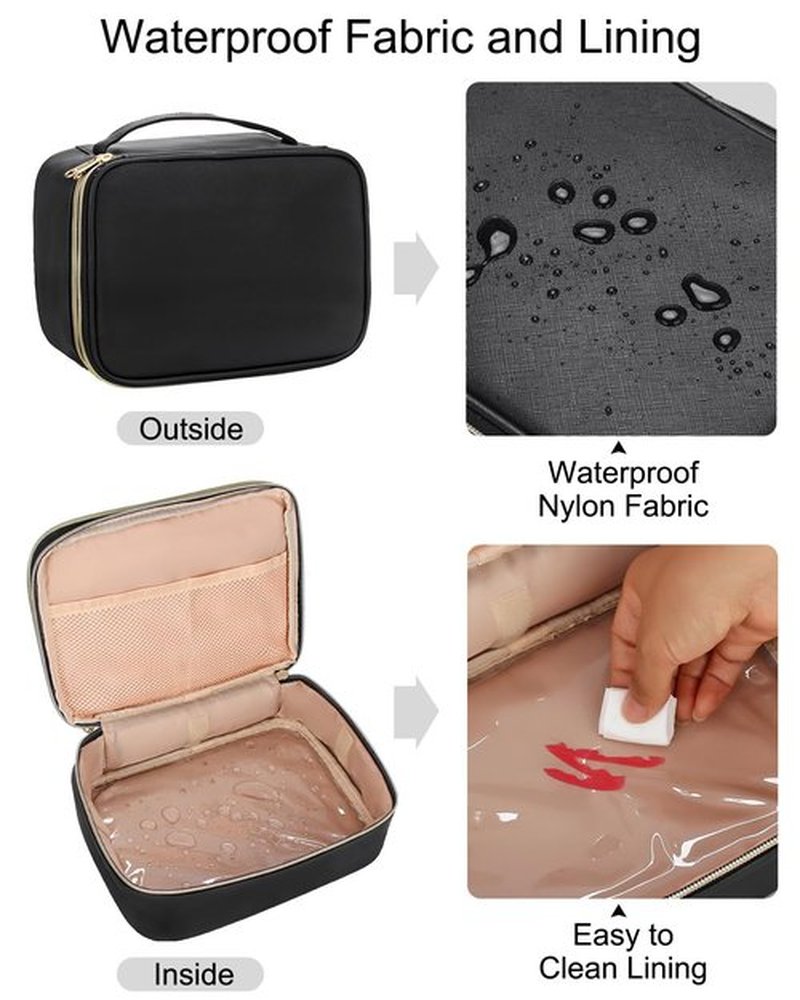 Black Makeup Bag, Travel Makeup Bag Cosmetic Bag, Makeup Brush Holder Organizer with Dividers, Travel Makeup Case for Women, Large Toiletry Bag Cosmetic Case, Black