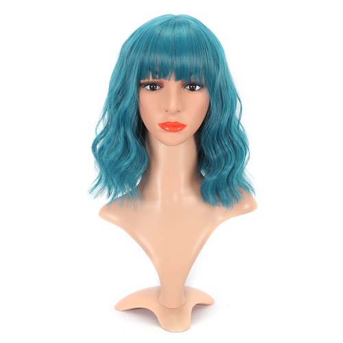 VCKOVCKO Natural Wavy Wig With Air Bangs Short Bob Dark Blue Wigs Women's Shoulder Length Wigs Curly Wavy Synthetic Cosplay Wig Pastel Bob Wig for Girl Colorful Wigs(12",Dark Blue)