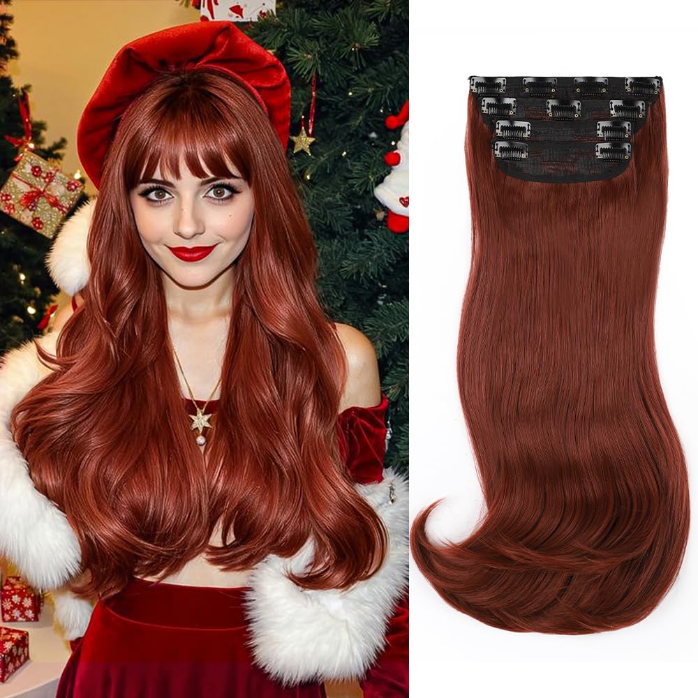 FREEMEIGE Copper Red Hair Extensions Clip in Hair Extensions for Women Straight Layered Hair Extensions Synthetic Clip in Extensions Long Wavy Extension Daily Use 20 Inch