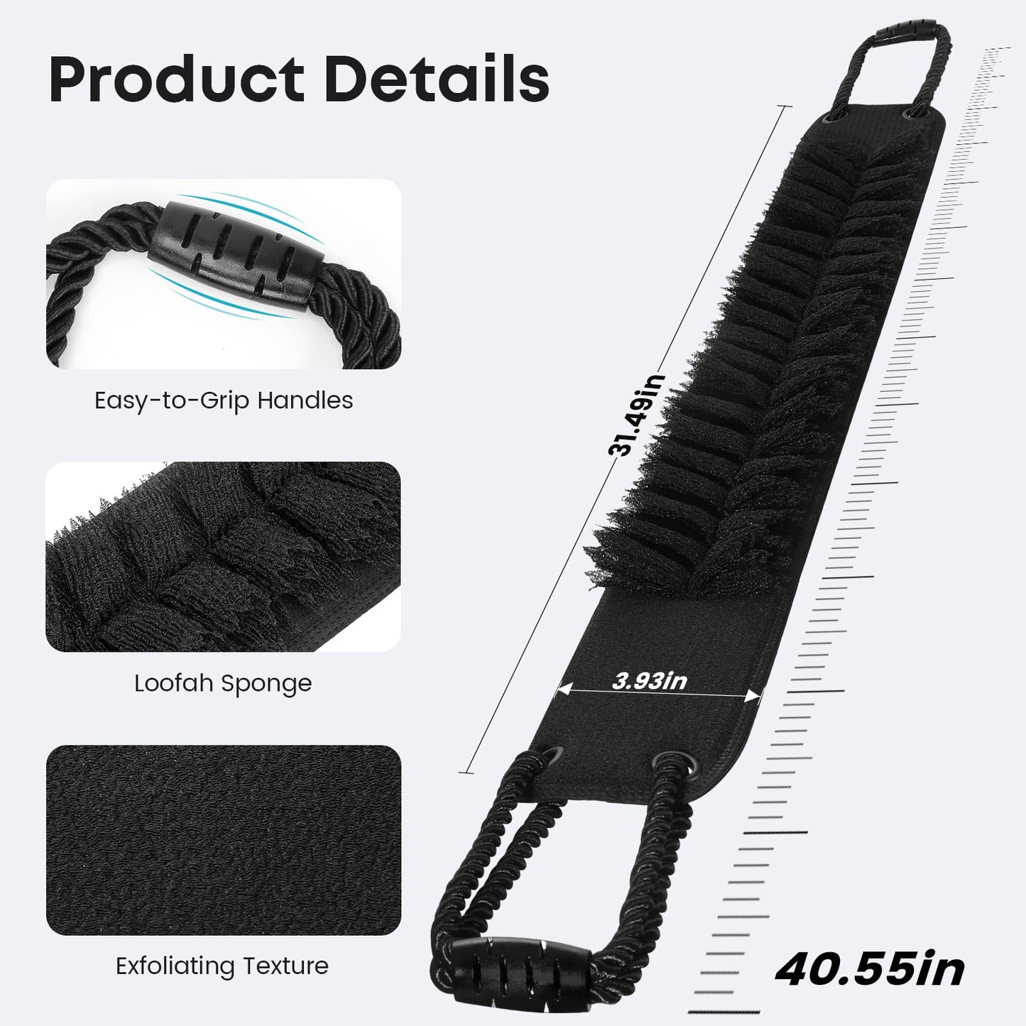 eaxun Back Scrubber with Handles for Shower, 40 Inches Dual-Sided Back Washer with Exfoliating Texture and Loofah for Men, Women and Elderly, Bath Back Exfoliator Body Cleaner for Deep Cleansing
