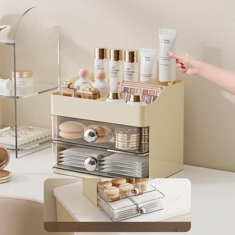 Makeup Organizer for Vanity,Vanity Organizer with 2 Drawers,Makeup&skincare Organizers Countertop,Cosmetic Display Case,Vanity Storage Box(Cream)