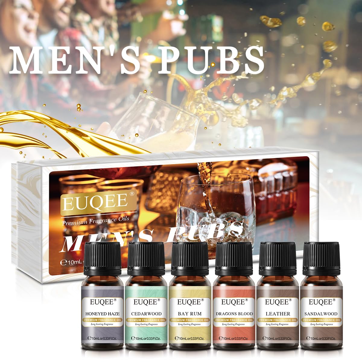 EUQEE 6PCS Fragrance Oils for Men, Men's Pubs Gift Set Premium Fragrance Oils -10ml-Leather, Honeyed Haze, Dragons Blood, Sandalwood, Bay Rum, Cedarwood (Men's Pubs)