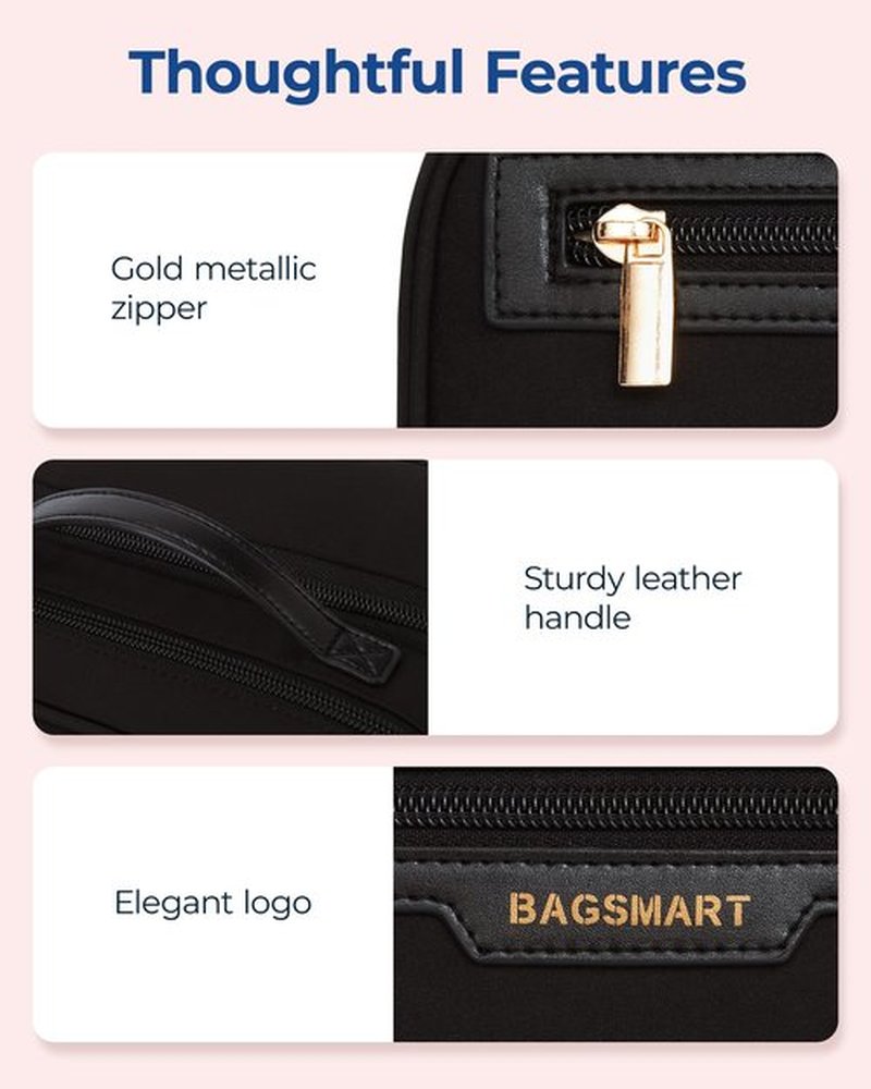 BAGSMART Travel Makeup Bag Large Capacity Cosmetic Bag, Wide-open Portable Make Up Bag Organizer for Women for Travel Essentials Travel-Size Toiletries Accessories Bottles, Brushes, Black