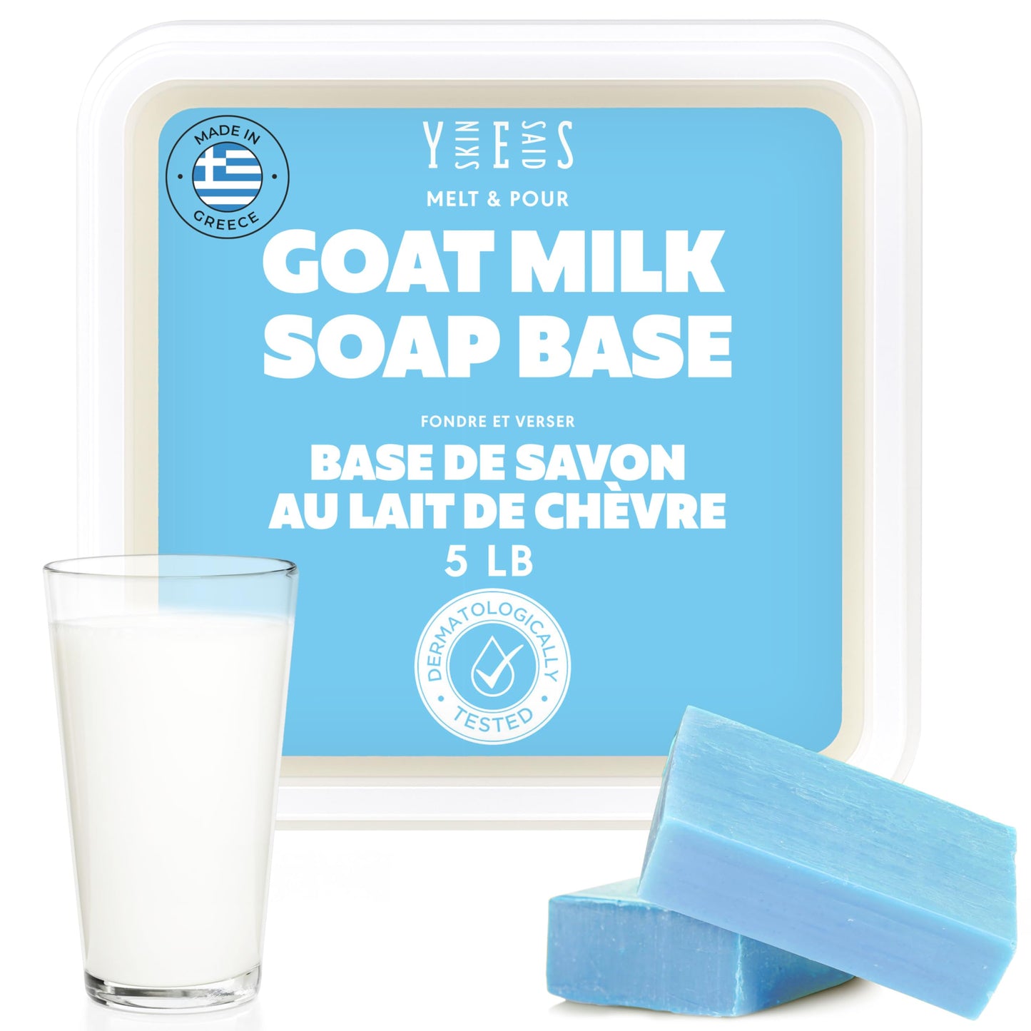 Skin Said Yes Goat Milk Soap Base 5 LB | Made in Greece | SLS/SLES Free, No Palm Oil, Organic - Melt and Pour Goats Milk Soap Making Supplies - All Natural, Gentle on Skin, Moisturizing