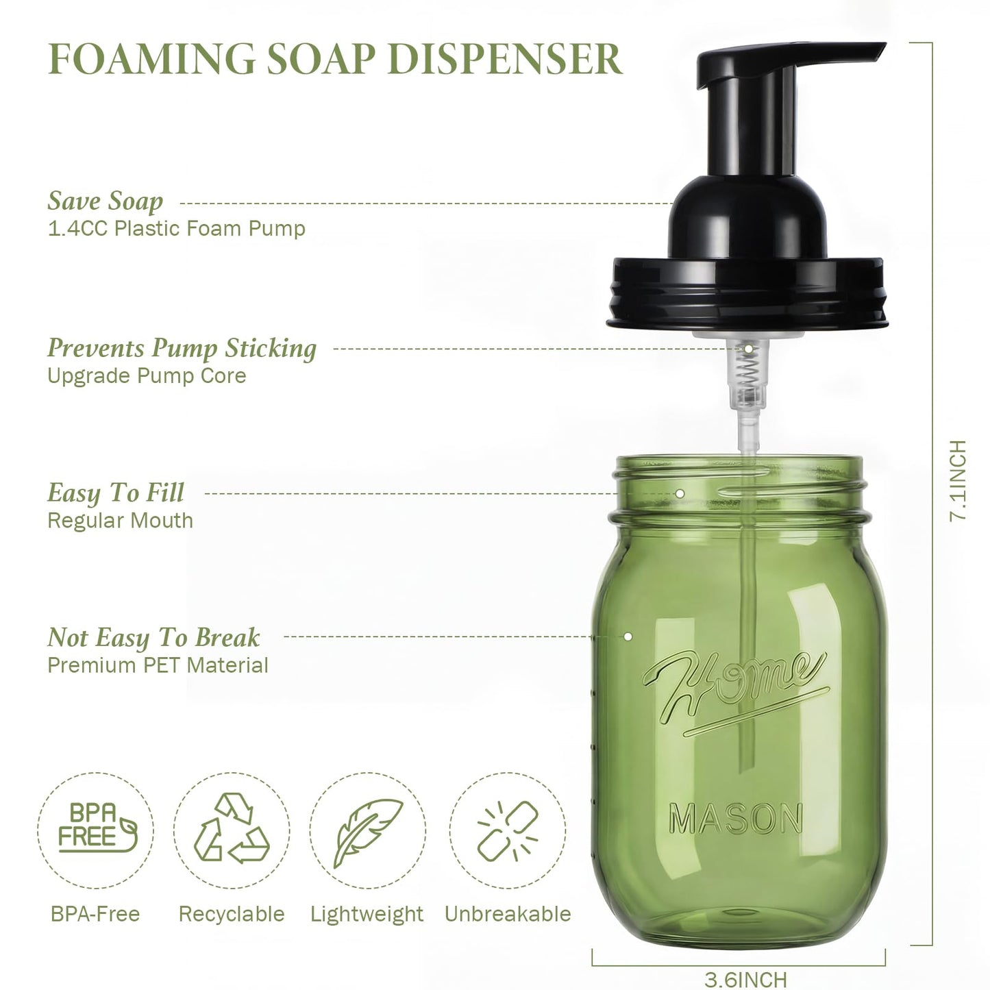 Amolliar Plastic Mason Jar Foaming Soap Dispenser Pump Lid, 16oz Foam Soap Dispenser with Cute Lables - Green Refillable Hand Soap Dispenser for Bathroom Kitchen Shower (2 Pack, Black)