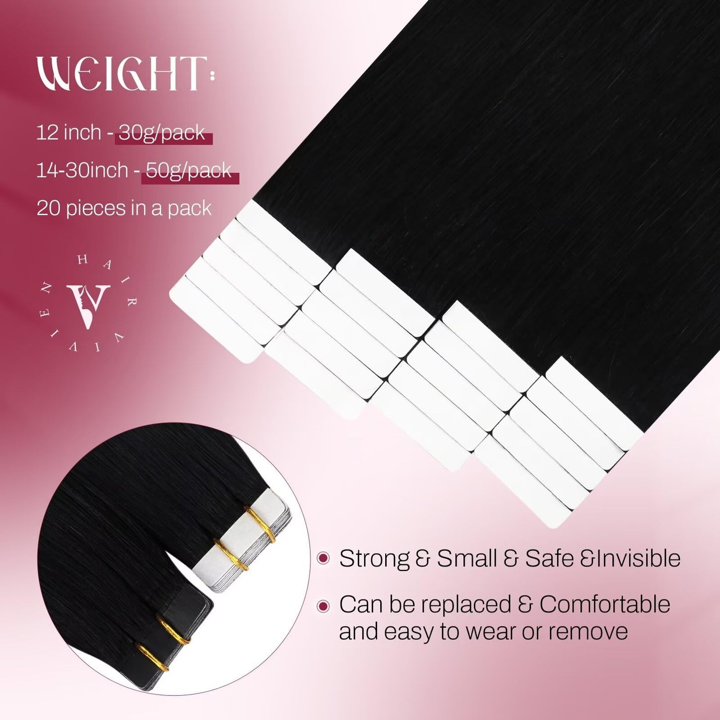 Vivien Black Tape in Hair Extensions Human Hair Jet Black Human Hair Extensions Tape in 12 Inch Remy Fashion Hair Tape in Human Hair Extensions Straight 20pcs 30G