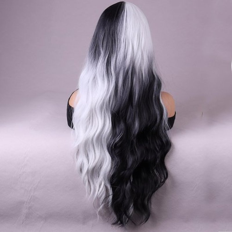 BERON Black and Silver Wigs Long Wavy Wig for Women Natural Curly Ombre Color Heat Resistant Synthetic Hair Wigs for Cosplay Party Daily or Used