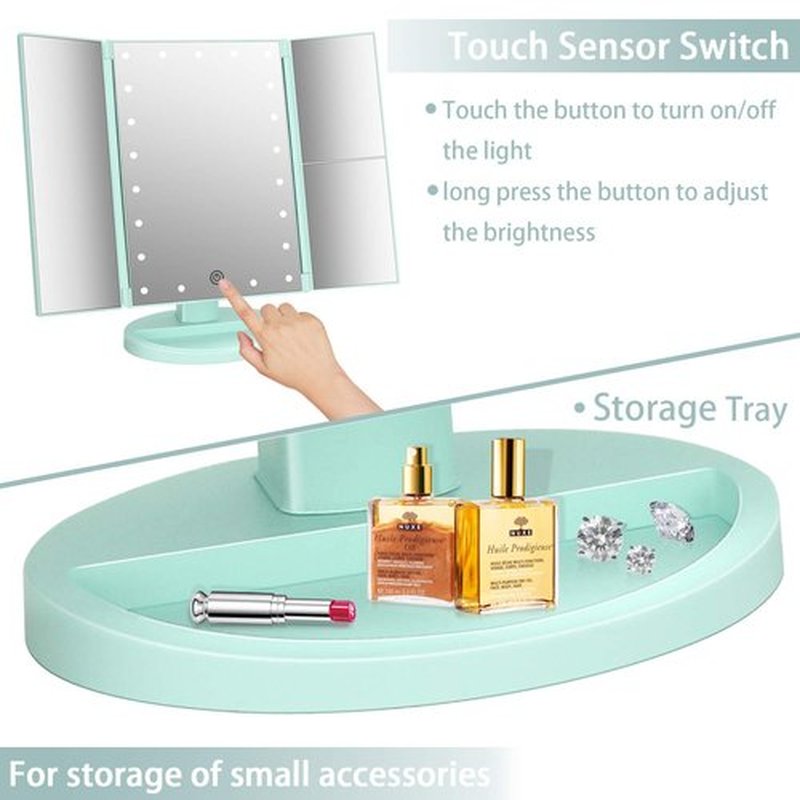 deweisn Tri-Fold Lighted Vanity Mirror with 21 LED Lights, Touch Screen and 3X/2X/1X Magnification, Two Power Supply Mode Make up Mirror,Travel Mirror (Green)