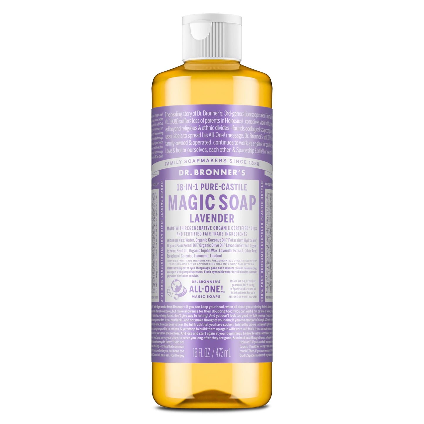 Dr. Bronner's - Pure-Castile Liquid Soap (Lavender, 16 ounce) - Made with Organic Oils, 18-in-1 Uses: Face, Body, Hair, Laundry, Pets & Dishes, Concentrated, Vegan, Non-GMO