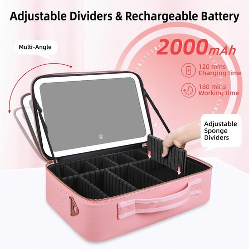 15“×11“ Large Pink Makeup Bag with Mirror, Personal Item Travel Bag with Makeup Mirror 3 Lights, Waterproof Train Case with Mirror and Light Adjustable Dividers,Large Professional Lighted Makeup Case