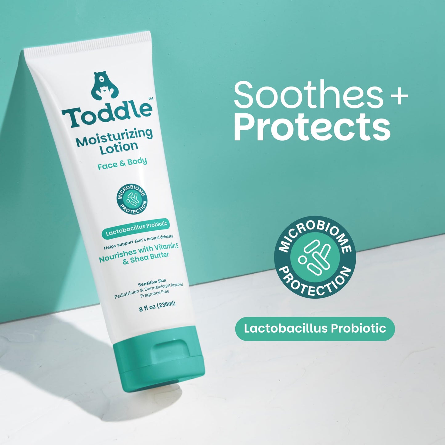 Toddle Probiotic Moisturizing Lotion for Face & Body, Eczema & Dry Skin Relief, Fragrance-Free with Vitamin E, Shea Butter for Sensitive Baby & Kids Skin, Pediatrician-Approved, 8oz