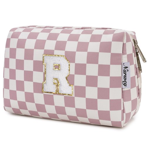 Narwey Personalized Initial Makeup Bag Toiletry Bag Gifts for Women Girls Large Checkered Makeup Bag Zipper Pouch Travel Cosmetic Bag Organizer for Women (Dusty Rose Checkerboard Letter R)
