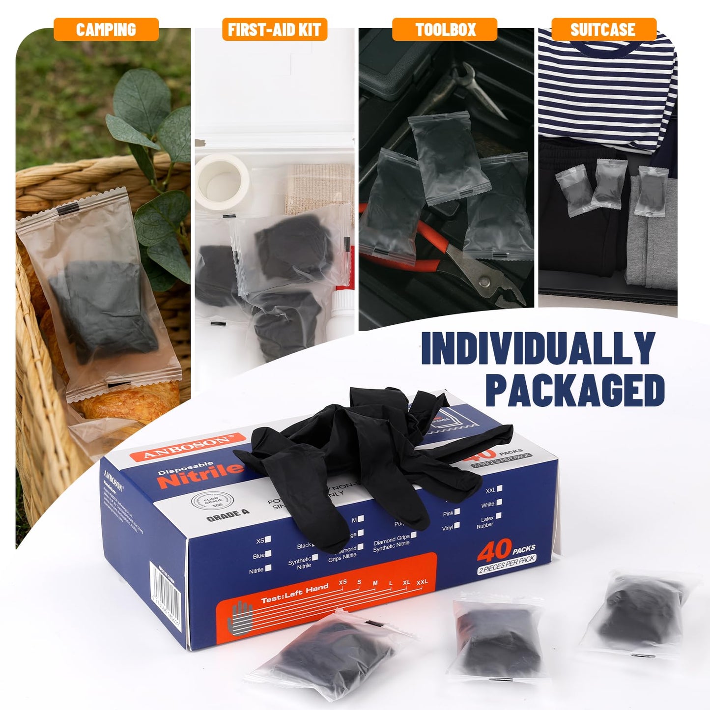 ANBOSON Individually Wrapped Black Disposable Nitrile Gloves, 40 Pairs