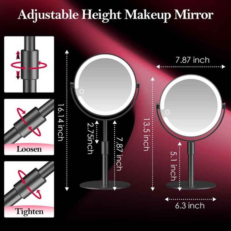 PEDOMIROR Led Makeup Mirror with Lights, 20X Magnifying Mirror, Rechargeable Magnified Makeup Mirror with 360°Rotation & Height Adjustable, Detachable Vanity Mirror(Black)