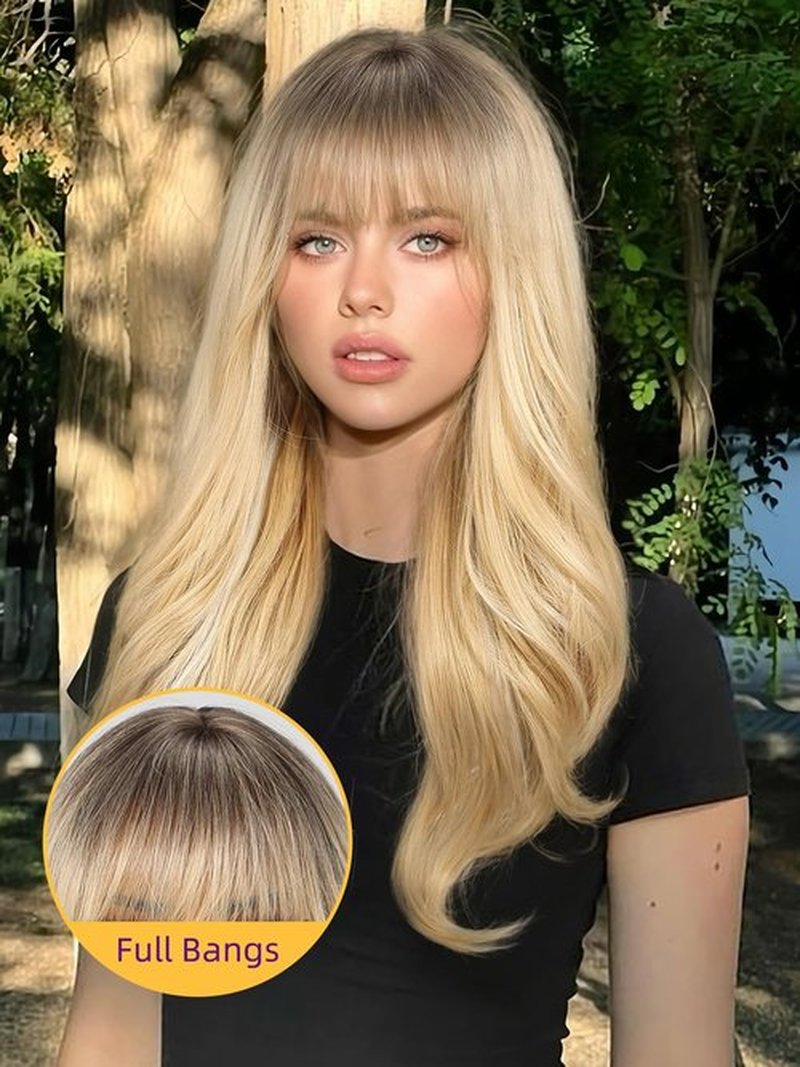 KOME Ombre Blonde Wigs with Bangs,Blonde Layered Wig for Women,Long Wavy Wigs Synthetic Hair Wig for Party Daily Use 26IN