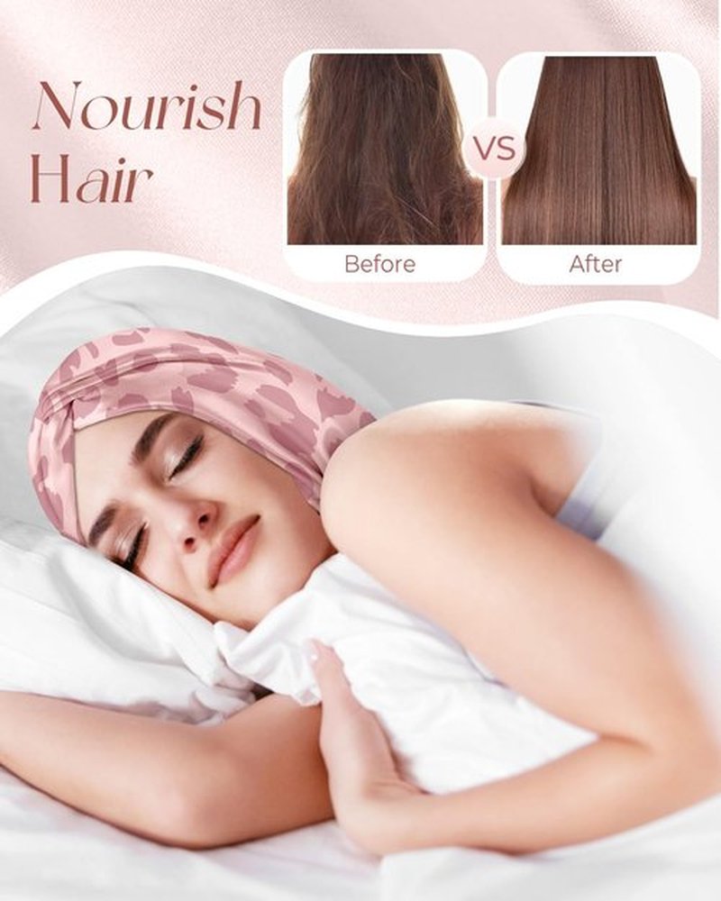 Miss Adola Silk Bonnet for Women - Mulberry Silk Sleep Cap for Hair Care with Eye Mask & Scrunchie 19 Momme Night Cap Sleeping Set with Elastic Stay On Head, Leopard